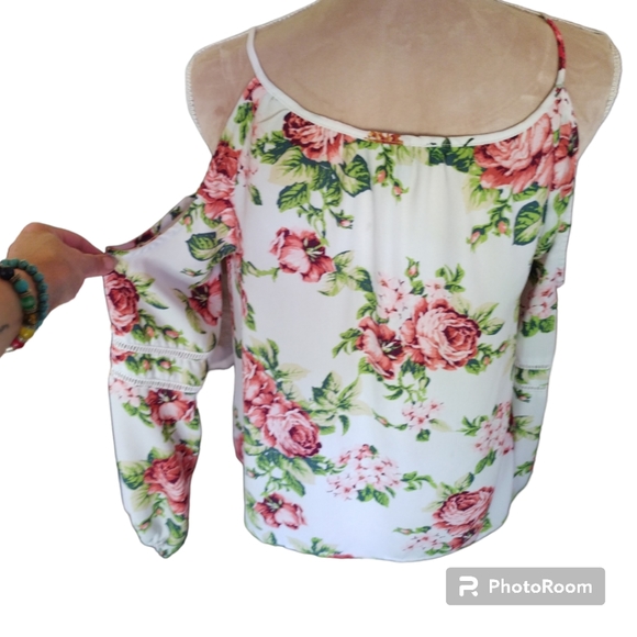 EUC* FOREVER 21| WHITE FLORAL COLD SHOULDER LONG SLEEVE BLOUSE - Picture 9 of 13
